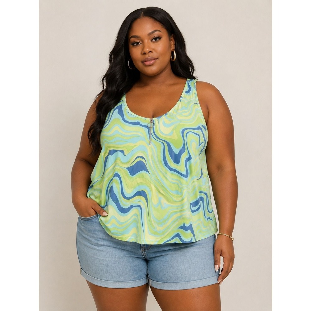 Rue21 Rue+ Womens 2X Green Blue Swirl O-Ring Zip Front Sleeveless Tank Top